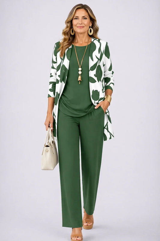 Norma - Leaf-Print Three-Piece Pant Set