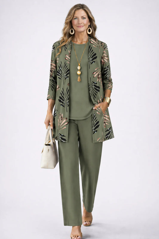 Shirley - Leaf-Print Three-Piece Pant Set