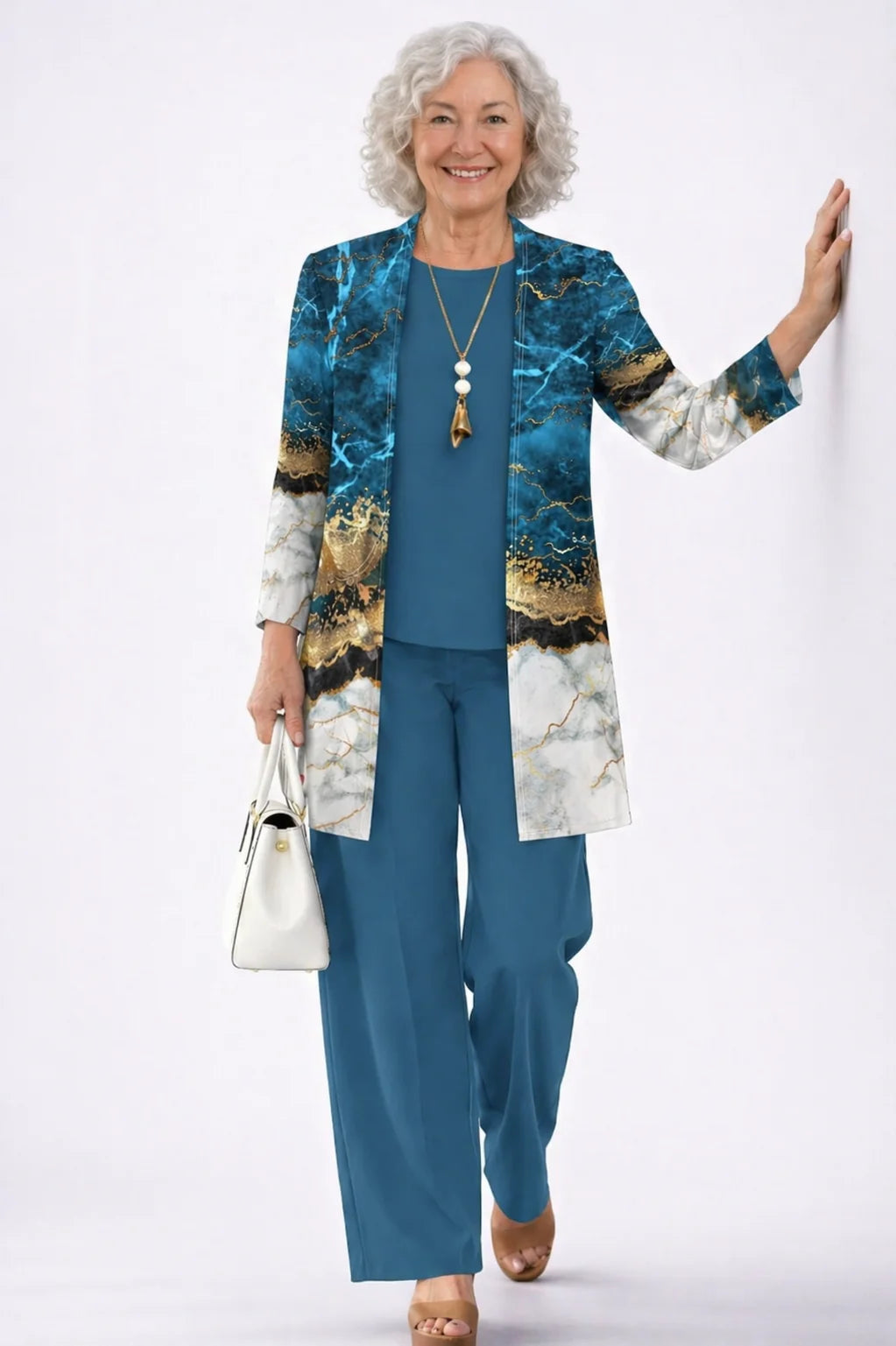 Yolande - Marble-Print Three-Piece Pant Set