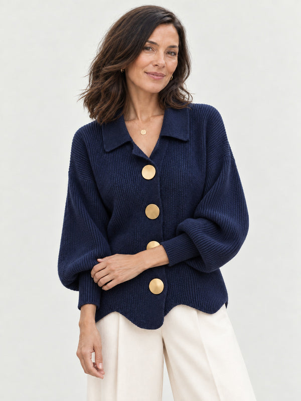 Tessa - Oversized Collared Knit Cardigan with Large Metal Buttons