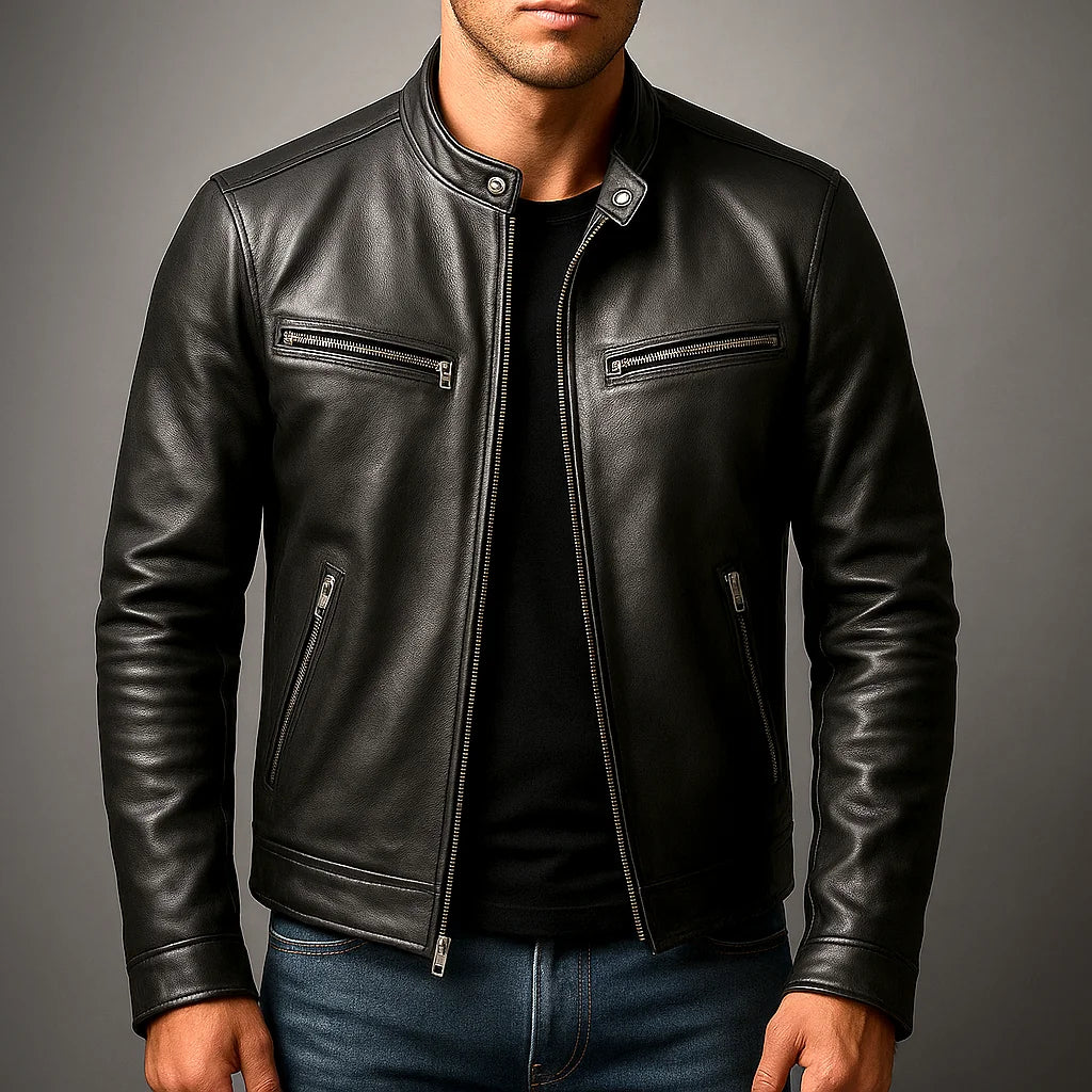 Rex vintage leather zip-up jacket in black, worn