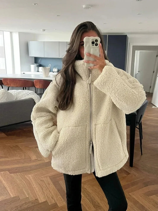 Isabelle - Oversized Teddy Zip Jacket - Beige