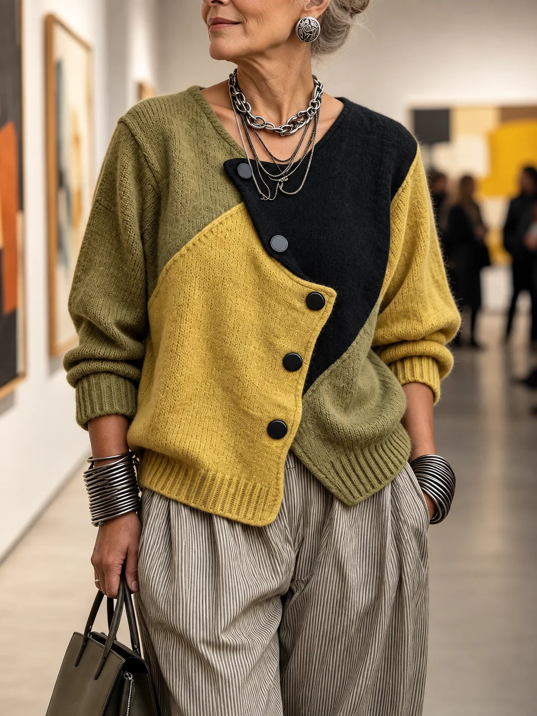 Harlow colour-block knit sweater, styled