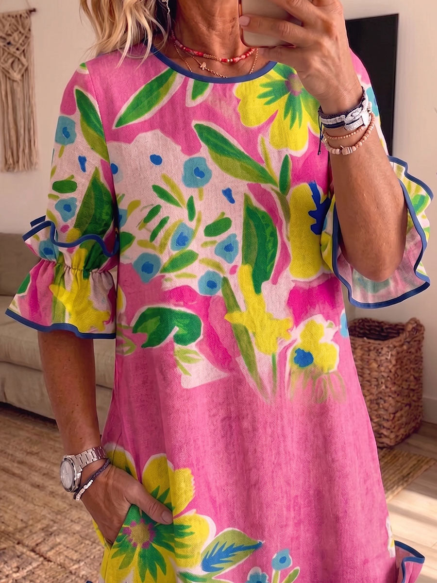 Solène - Colour-Blocked Ruffle Midi Dress with Pockets