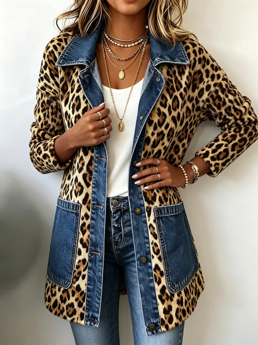 Maeve - Leopard Print Denim Panel Contrast Longline Jacket
