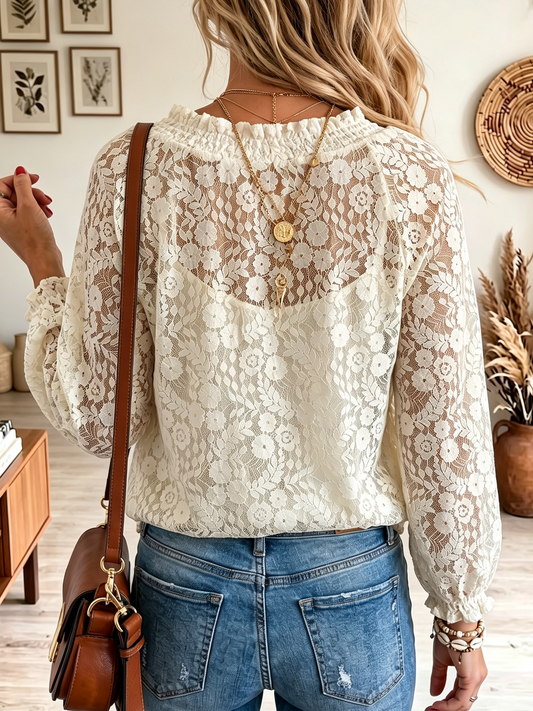Lily - Sheer Floral Lace Drawstring Blouse