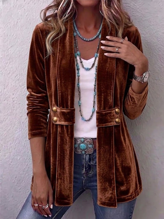 Harriet - Vintage Lapel Button-Accent Long Sleeve Open Front Jacket