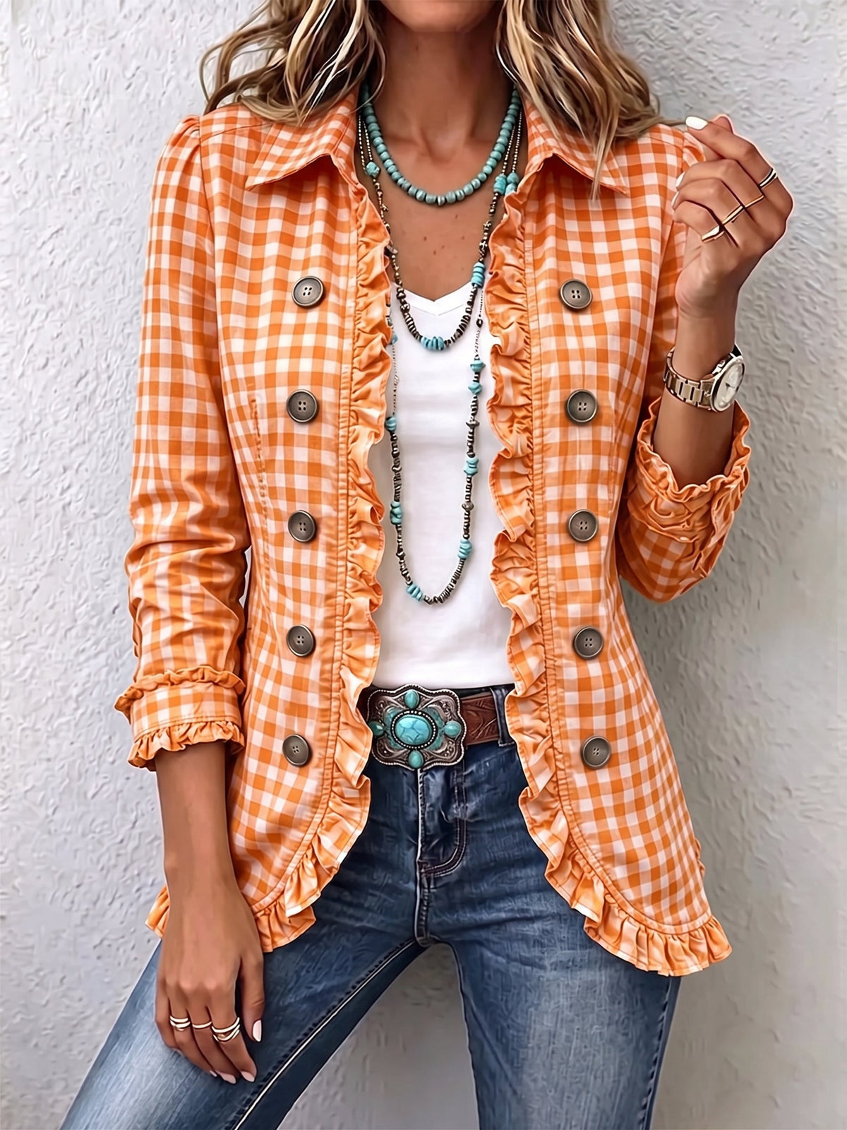 Poppy - Gingham Ruffled Button-Down Jacket