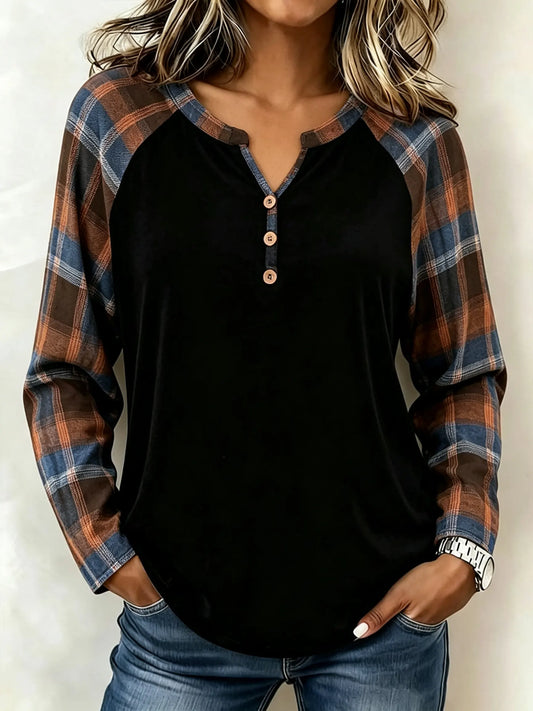 Emily - Plaid Patchwork Henley Long Sleeve Top
