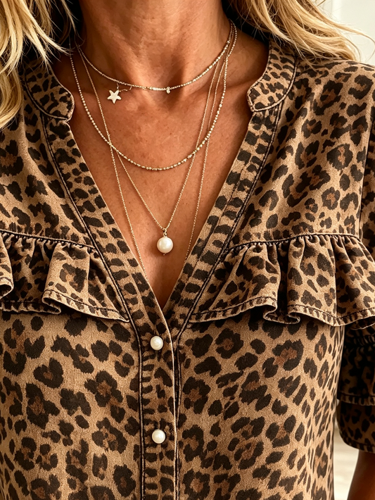 Margot - Leopard Print Ruffle Yoke Denim Blouse
