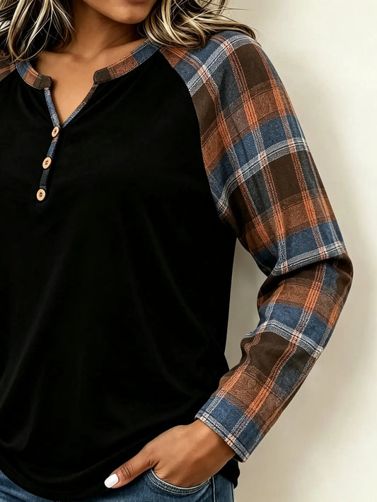 Emily - Plaid Patchwork Henley Long Sleeve Top