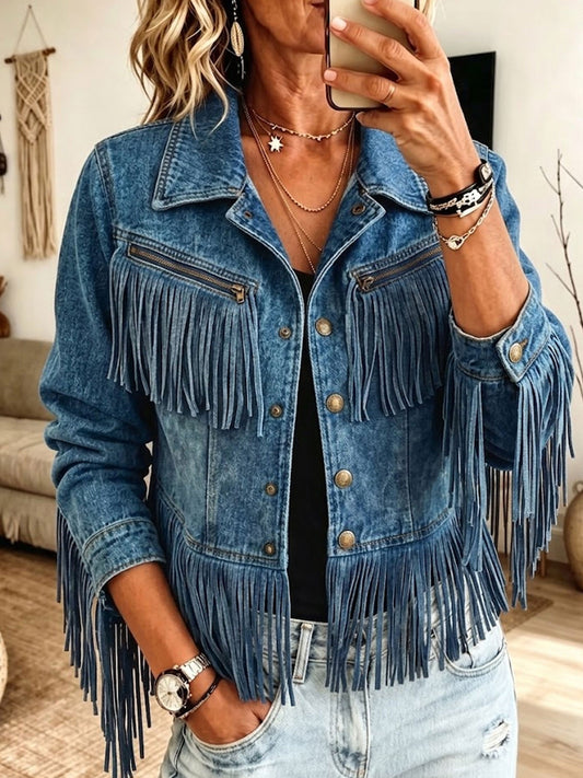 Sadie - Cropped Fringe Western Denim Jacket