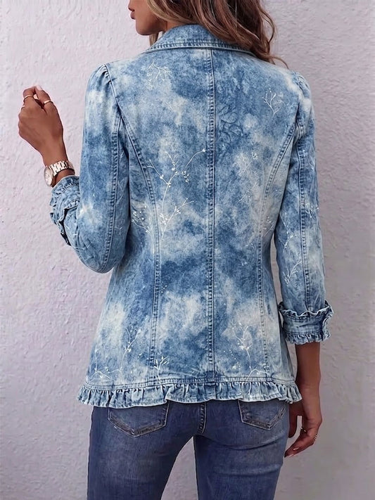 Bryony - Boho-Style Gradient Vintage Botanical Print Ruffle-Detail Jacket
