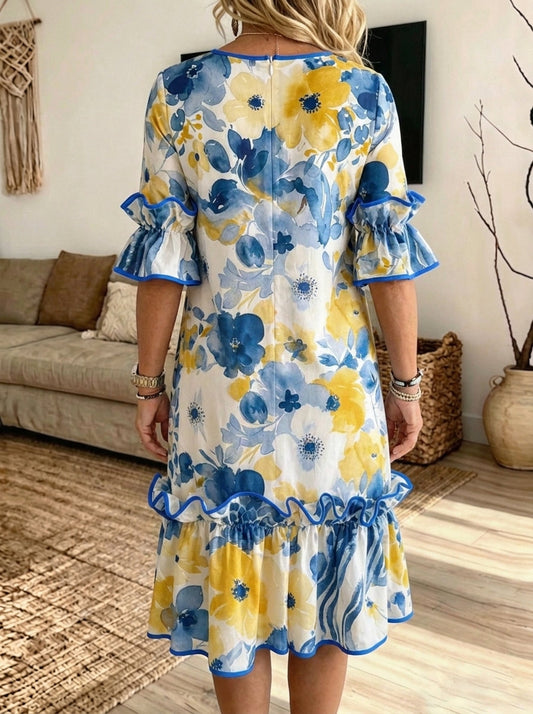 Manon - Watercolour Floral Ruffle Midi Dress with Pockets