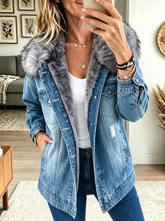 Women's Faux Fur Collar Fleece-Lined Denim Jacket - Blue