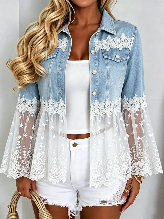 Florence - Floral Lace Patchwork Denim Lapel Coat