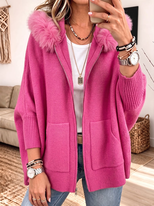 Mireille - Furry Hood Zip-Up Knit Cardigan with Pockets