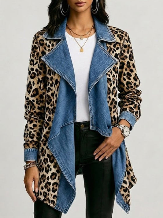 Georgia - Leopard Print & Washed Denim Paneled Mid-Length Jacket