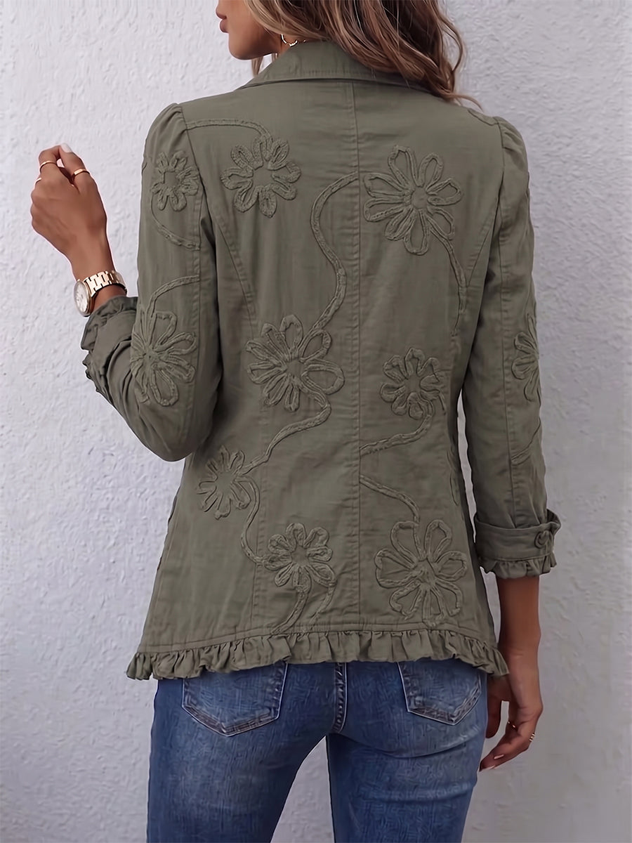Evangeline - Boho-Chic Floral Embroidered Utility Ruffled Trim Jacket