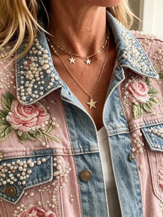 Éloïse - Pearl-Studded Floral Denim Jacket