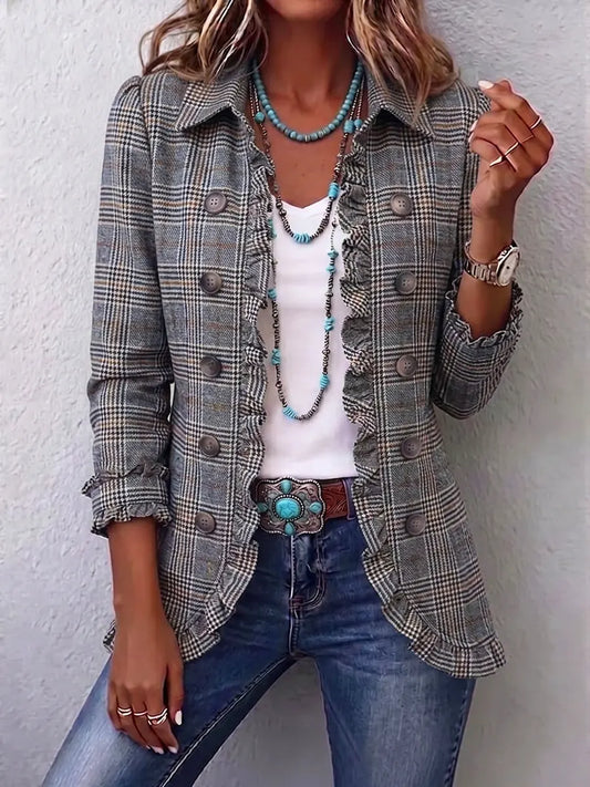 Geneviève - Plaid Print Ruffle Cotton Lapel Coat