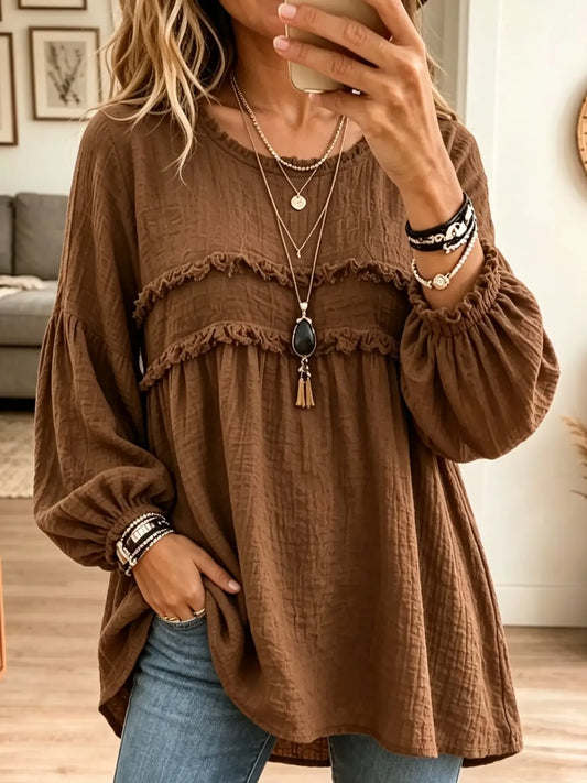 Ella - Textured Crinkle Ruffle Babydoll Tunic Blouse