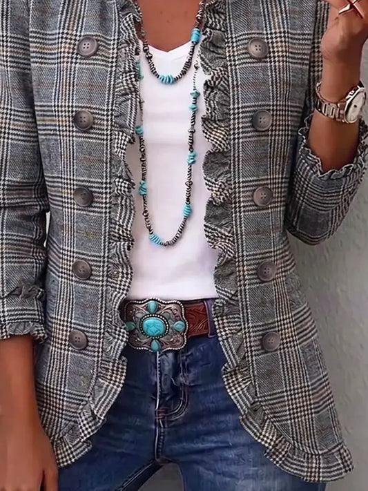 Geneviève - Plaid Print Ruffle Cotton Lapel Coat