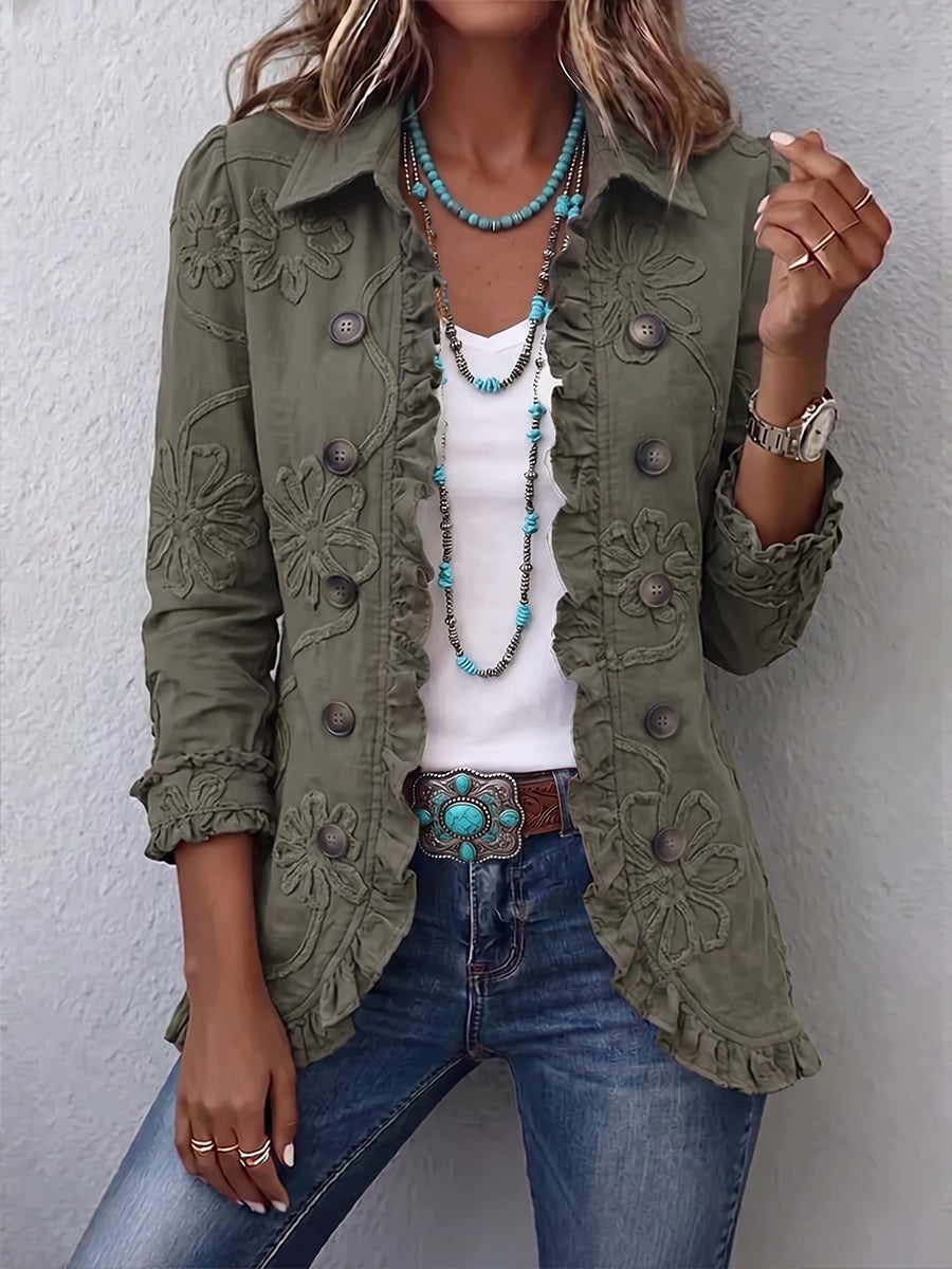 Evangeline - Boho-Chic Floral Embroidered Utility Ruffled Trim Jacket