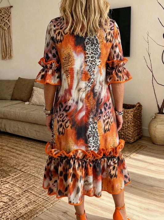 Isabella - Leopard Print Ruffle Midi Dress with Pockets