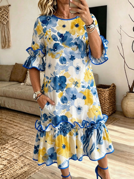 Manon - Watercolour Floral Ruffle Midi Dress with Pockets