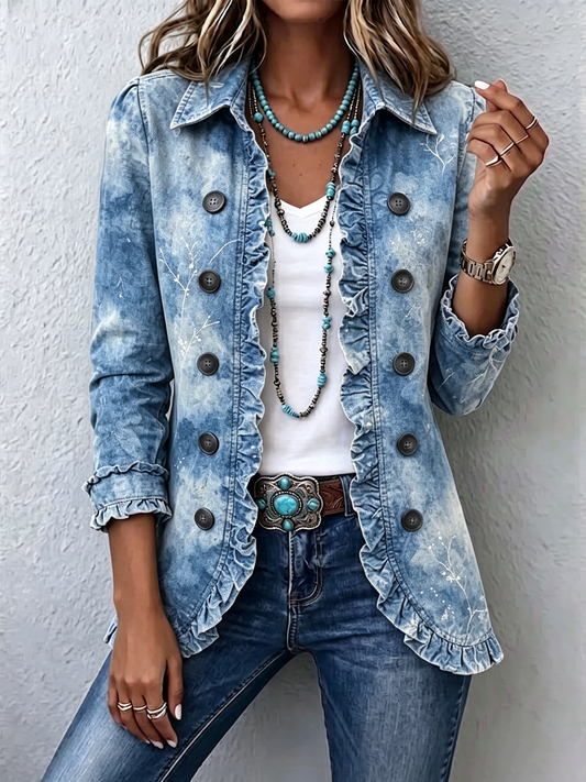 Bryony - Boho-Style Gradient Vintage Botanical Print Ruffle-Detail Jacket