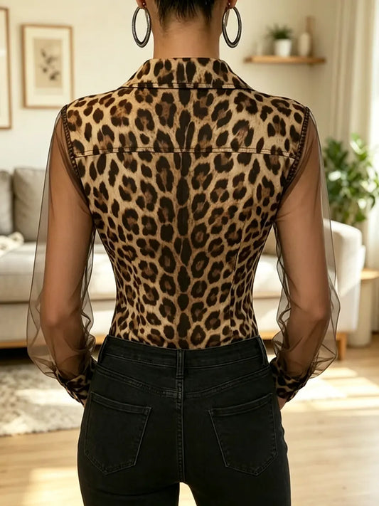 Aurélie - Leopard Print Chiffon Patchwork Long Sleeve Shirt