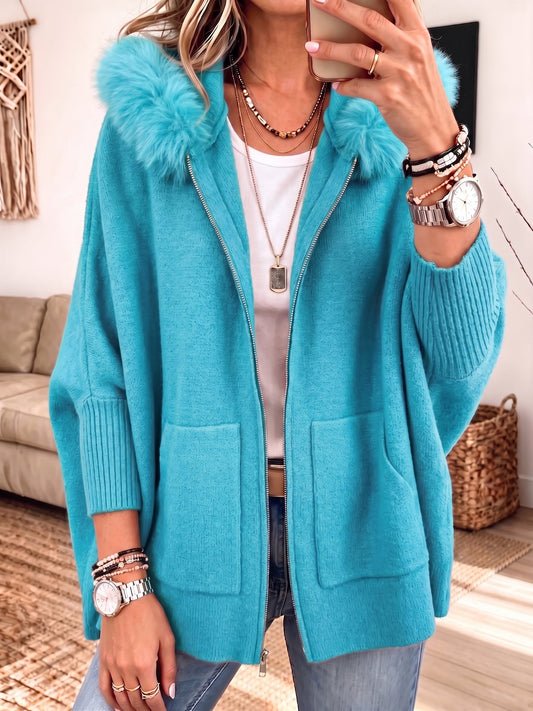 Mireille - Furry Hood Zip-Up Knit Cardigan with Pockets