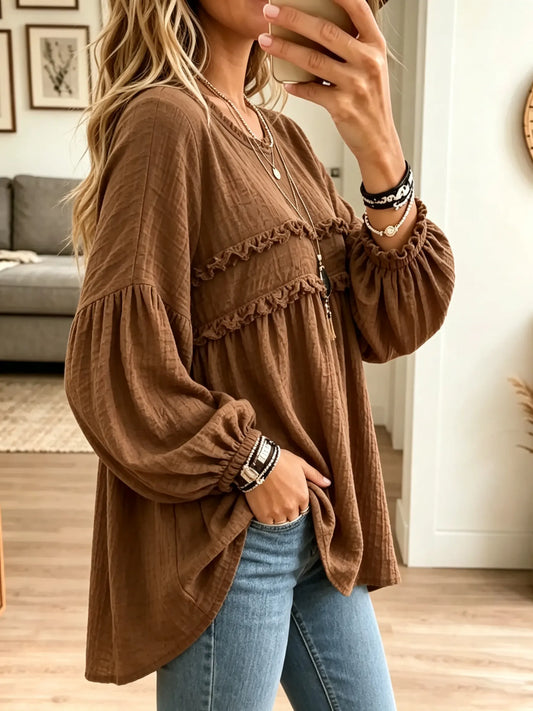 Ella - Textured Crinkle Ruffle Babydoll Tunic Blouse