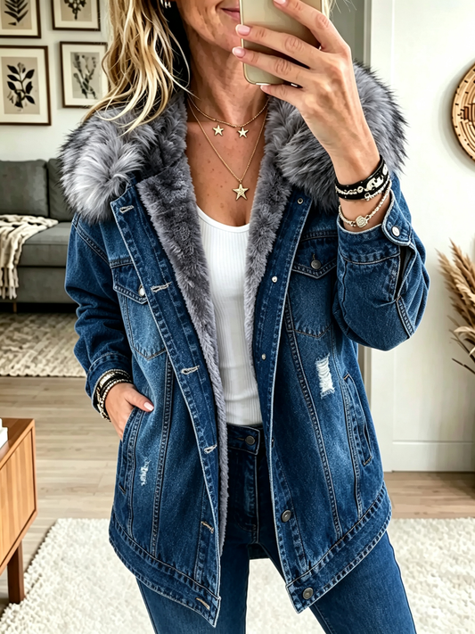 Claire - Faux Fur Collar Fleece-Lined Denim Jacket