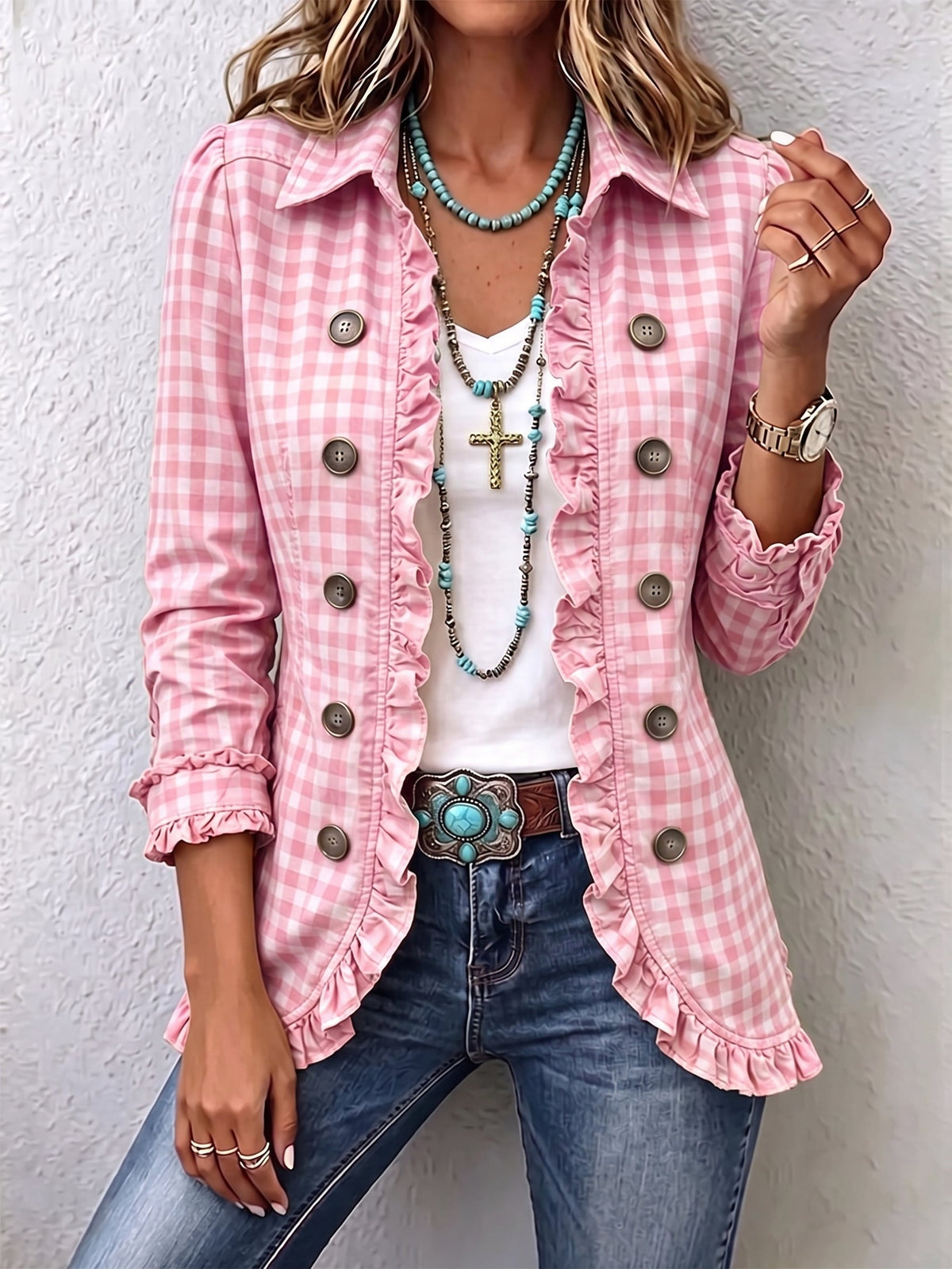 Poppy - Gingham Ruffled Button-Down Jacket