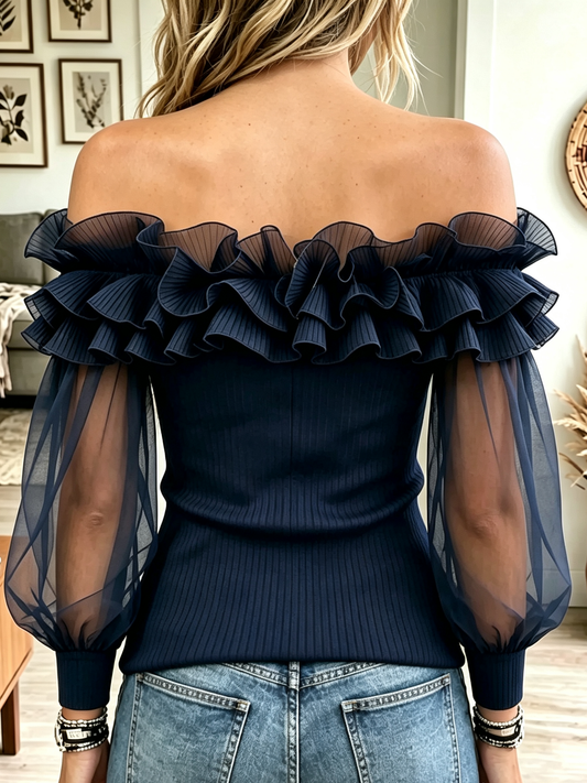 Léa - Pleated Ruffle Sheer Sleeve Off-the-Shoulder Top