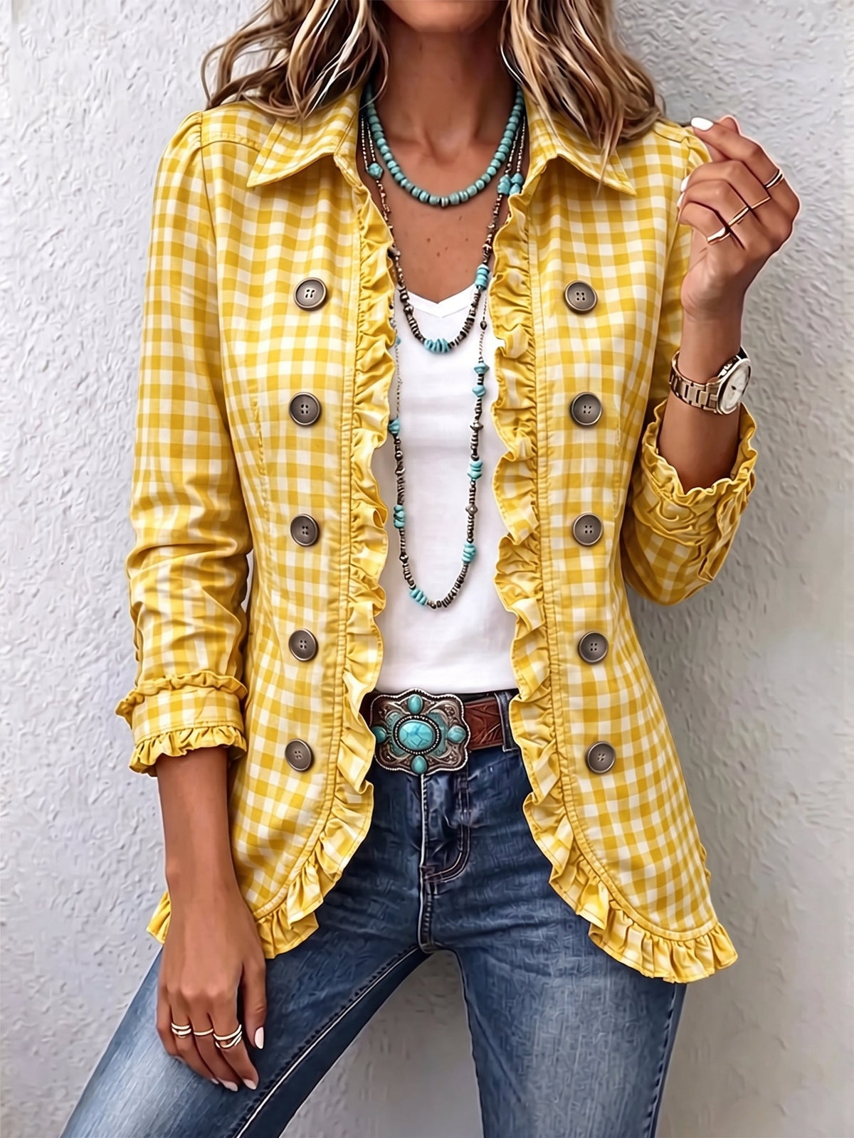 Poppy - Gingham Ruffled Button-Down Jacket
