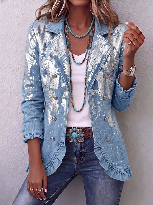 Clémence - Shiny Denim Patchwork Ruffled Button Jacket