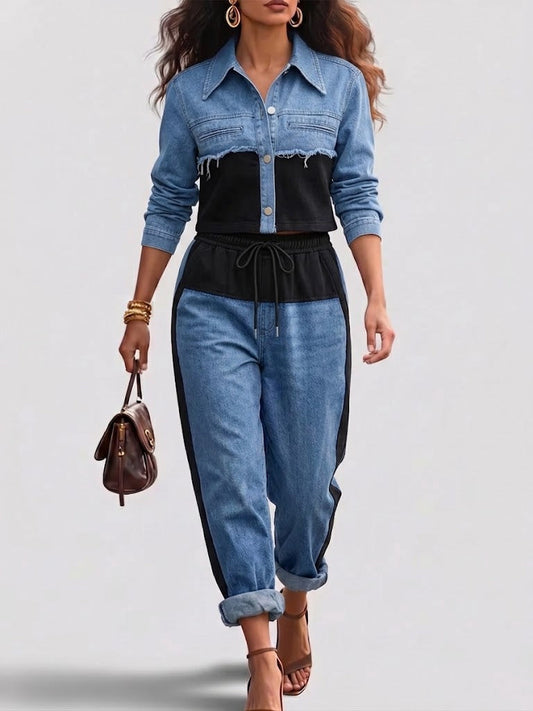 Solange - Color-Block Cropped Jacket & Wide-Leg Pants Set