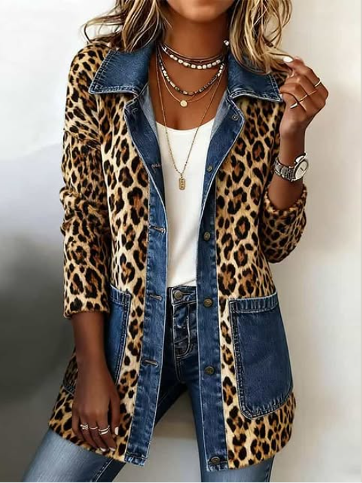 Maeve - Leopard Print Denim Panel Contrast Longline Jacket