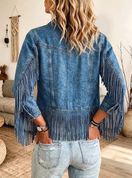 Sadie - Cropped Fringe Western Denim Jacket
