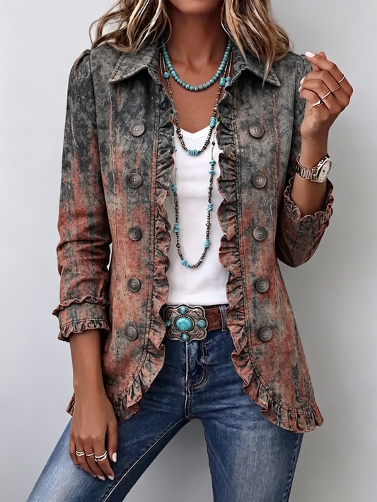 Greta - Vintage Gradient Textured Print Ruffle Jacket
