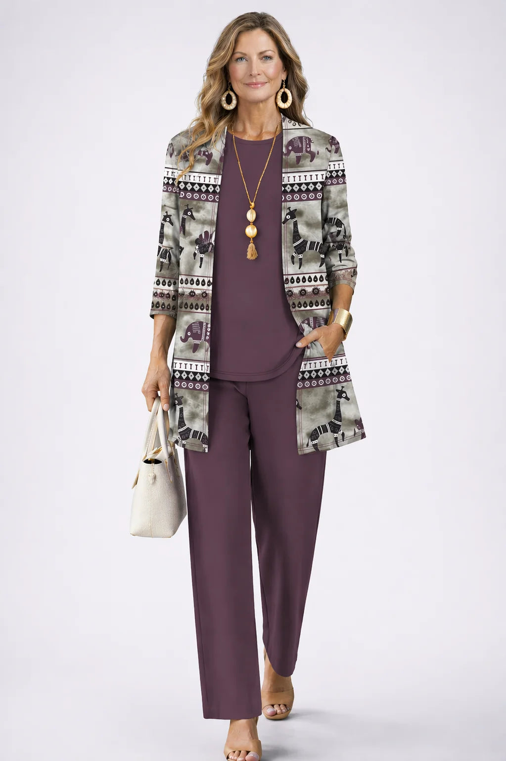 Connie - Ornate-Print Three-Piece Pant Set