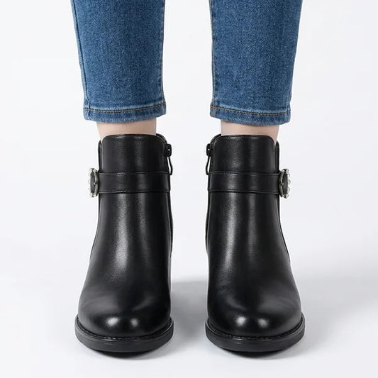 Opal - Pearl-Buckle Block-Heel Ankle Boots