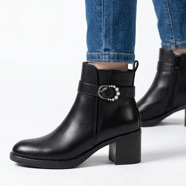 Opal - Pearl-Buckle Block-Heel Ankle Boots