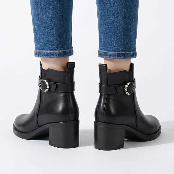 Opal - Pearl-Buckle Block-Heel Ankle Boots