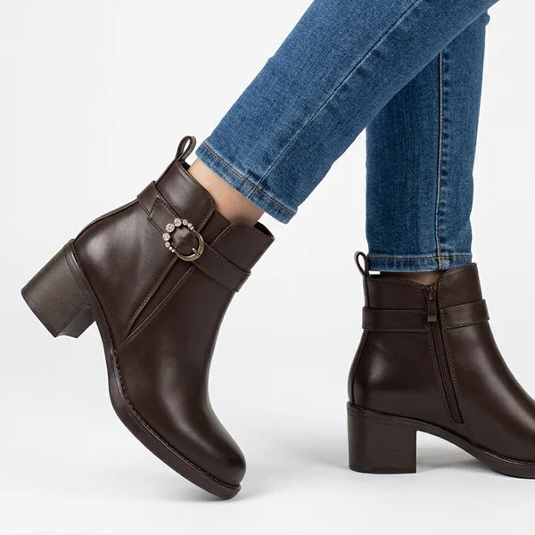 Opal - Pearl-Buckle Block-Heel Ankle Boots