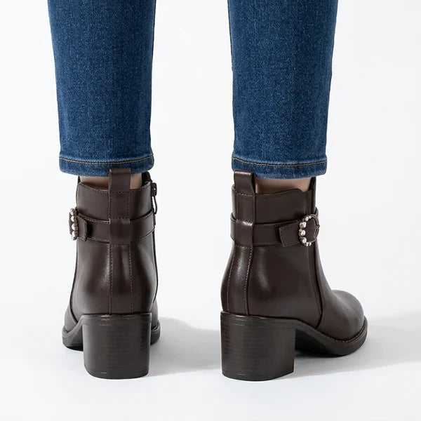 Opal - Pearl-Buckle Block-Heel Ankle Boots
