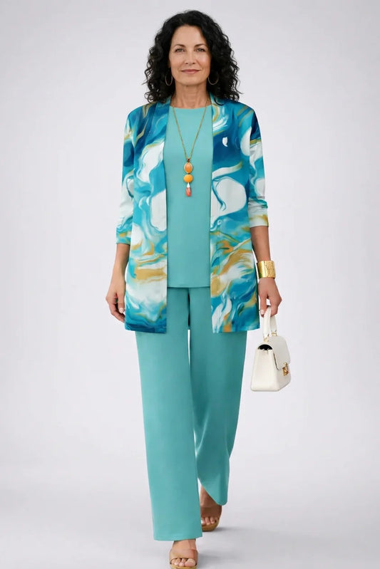 Maxine - Watercolour-Print Three-Piece Pant Set